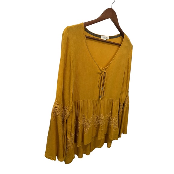 TAYLOR & SAGE MUSTARD YELLOW EMBROIDERY LACE DETAIL BELL SLEEVE BOHO BLOUSE SZ S - Picture 3 of 11